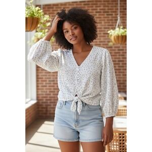 Haver + Blair London Blue Floral Tie Front Button Up Blouse Top XL NEW